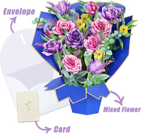 Pop Up Flower Cards, 3D Paper Roses Flower Bouquet, Popup Flower Greeting Cards with Note Card and Envelope, 12 Inch Get Well Cards, Birthday Gift Cards for Women Grandma Mom Sister in Saudi Arabia