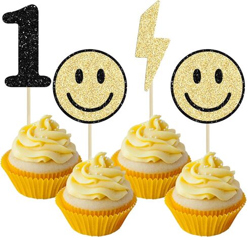 Ephlyn 24Pcs One Happy Dude Cupcake Toppers Smile Face Cupcake Topper Decorations One Happy Dude Birthday Decorations for Kids 1st Birthday Decorations in Saudi Arabia