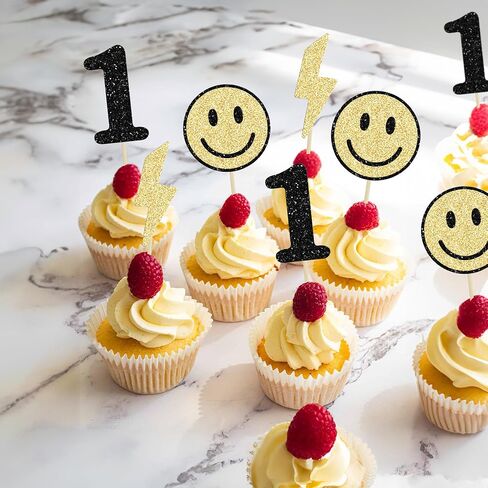 Ephlyn 24Pcs One Happy Dude Cupcake Toppers Smile Face Cupcake Topper Decorations One Happy Dude Birthday Decorations for Kids 1st Birthday Decorations in Saudi Arabia
