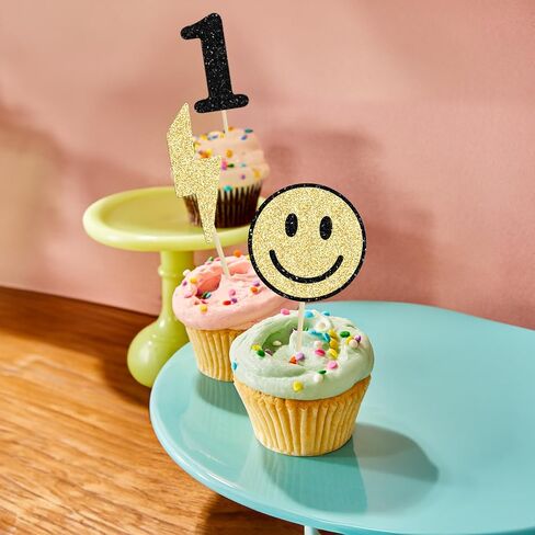 Ephlyn 24Pcs One Happy Dude Cupcake Toppers Smile Face Cupcake Topper Decorations One Happy Dude Birthday Decorations for Kids 1st Birthday Decorations in Saudi Arabia