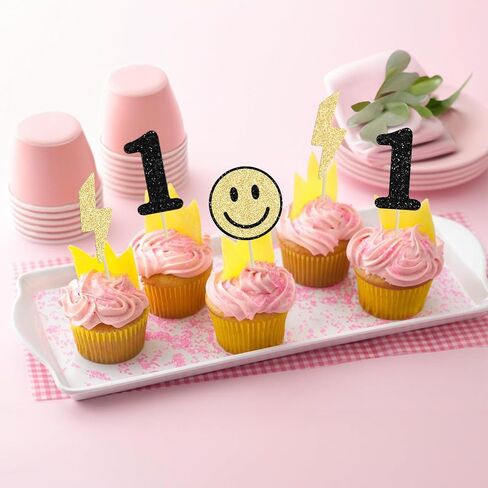 Ephlyn 24Pcs One Happy Dude Cupcake Toppers Smile Face Cupcake Topper Decorations One Happy Dude Birthday Decorations for Kids 1st Birthday Decorations in Saudi Arabia