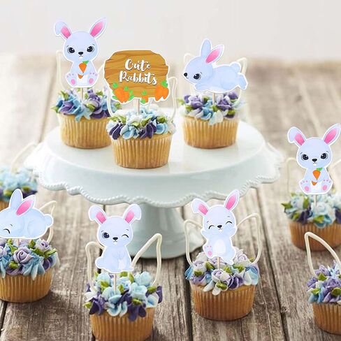 36 Pack Easter Cupcake Toppers Double Sided Cute Rabbit Carrot Easter Bunny Cupcake Picks for Happy Easter Spring Baby Shower Birthday Theme Cupcake Decorations Party Supplies in Kuwait