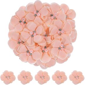 30 Pcs Flower Sewing Fabric Chiffon Rhinestone Pearl Pink Color ChiffonFlowers for Crafts Appliques Wedding Headbands Embellishments for Clothing DIY Applique