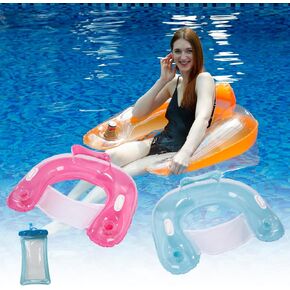 3-Pack Transparent U-Shape Pool Floats for Adults - Swimming Rings w/ 2 Cup Holders, Backrest & Handles, PVC Beach/Pool Floaties in Pink, Blue & Orange