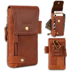 Leather Phone Holster - Genuine Full-Grain Buffalo Leather Cell Phone Holsters - for iPhone 16, 15, 14, 13pro, Galaxy S24, S23, S22-7"H X 3.5" W (Brown)