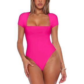 REORIA Womens Sexy Square Neck Double Lined Shirt Stretchy Short Sleeve Going Out Thong Bodysuit Tops in Kuwait
