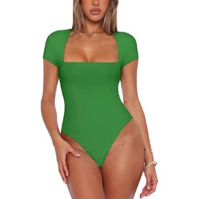 REORIA Womens Sexy Square Neck Double Lined Shirt Stretchy Short Sleeve Going Out Thong Bodysuit Tops