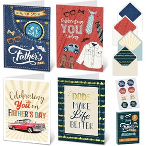 Decorably 8 Pack Glittery and Gold Foil 5x7in Fathers Day Cards Set with Envelopes and Stickers, 4 Elegant Dad-Themed Designs Happy Fathers Day Card for Dads, Grandads, with Printed Message Inside