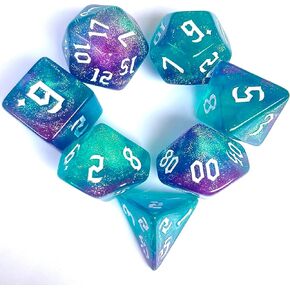 مجموعة زهر Galaxy Dwirl Polyhedral ، 7 قطع ، الفيروز واللمعان الأرجواني ، لألعاب DND و Tabletop