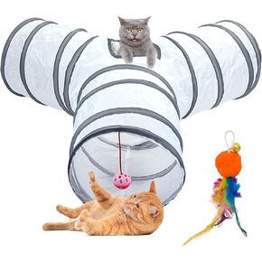 Pet Cat Tunnel Tube 3 Way Collapsible Cat Tunnels for Indoor Cats Tunnel Bored Pet Cats Play Tunnels with Peek Hole Toy Ball for Kitty, Kitten, Rabbit(Color:White)