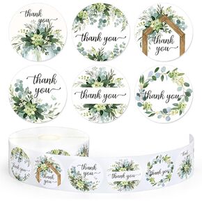 1000 PCS خضراء شكرا لك ملصقات رول الأوكالبتوس أوراق ملصقات ختم عصاري شكرا لك شارات لذاتي لبطاقة غلاف دش الطفل ، 6 تصاميم