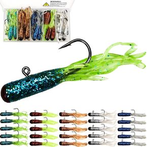 Tube Baits Tube Jigs Heads Swimbaits Kit, Pre-Rigged Tubes Lure Soft Plastic Fishing Grub Worm, Tube Bait Hooks Crappie Jigs Crappie Lures Tackle for Bass Trout Freshwater Saltwater Fishing