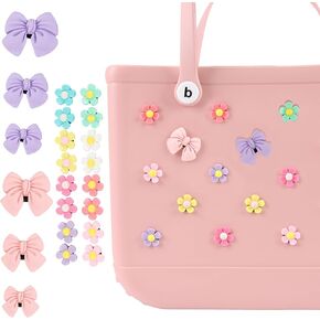 22Pcs Bow and Flower Charms for Bogg Bag, Colorful Decoration for Simply Southern Beach Tote, Insert Accessory for DIY Your Rubber Beach HandBag(6Pcs Bow Charms, 16Pcs Flower Charms)