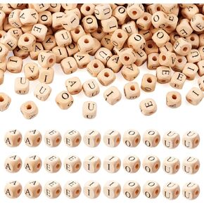 Sparkeads 250 pcs المطبوعة الخشب الطبيعي حبات الخطاب الأولية الخرزات الأفقية ثقب الخرز 10 مم الخرز Papayawhip Cube حبات خشبية الفواصل لتصنيع المجوهر