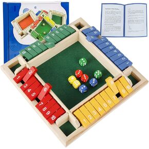 Shut The Box Dice Game, Wooden Board Table Math Game, 2-4 Player Family Classics Tabletop Version Games with 8 Colored Dices, Educational Learning Interactive Game for Classroom, Home, Party, or Pub