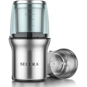 Secura Electric Coffee Grinder and Spice Grinder with 2 Stainless Steel Blades Removable Bowls