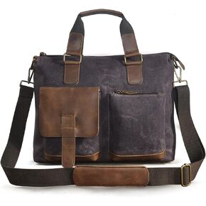 Le'aokuu Mens Canvas And Genuine Leather Business Briefcase Waterproof Travel Laptop Case Handles Shoulder Messenger Bag 260