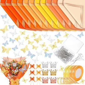 Qilery 243 Pcs Fall Thanksgiving Flower Bouquet Wrapping Paper Waterproof Floral Wrapping Paper Florist Supplies with Butterfly Decoration Crowns Ribbons Bouquet Pin Glue for DIY Craft