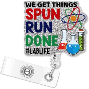 ERHACHAIJIA Spun Run Done Lab Life Retractable Silver Glitter Badge Reel with Clip, Funny Science ID Card Badge Holder Gift for Medical Laboratory Science Lab Technician Scientist