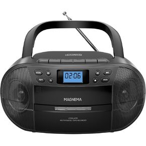 Portable CD Cassette Boombox with AM/FM Stereo Radio, Bluetooth and USB, CD-R/RW and MP3 CD Compatible, AUX Port, Headphone Jack, LCD Display, CD Tape Player Combo with Clear Sound - Black