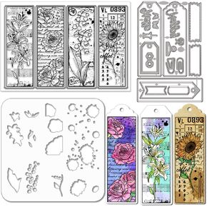 GLOBLELAND Vintage Flower Bookmark Clear Stamps Cutting Dies PET Painting Stencils for Card Making Bookmark Silicone Stamp Metal Label Frame Die Cuts PET Paint Stencils for DIY Scrapbooking