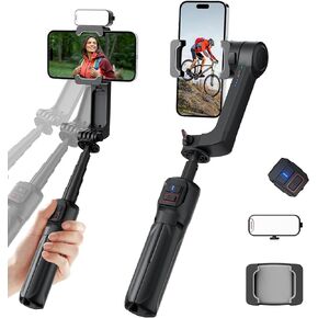27" Foldable Gimbal Stabilizer Portable Built-in Extension Rod & Tripod, X2 Axis Gimbal Selfie Stick with Light for Video Recording Vlogging YouTube TikTok iPhone Android Smartphone (White)