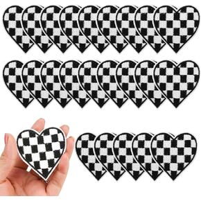 Set of 24pcs Racing Day Heart Iron On Patches, Black and White Checkered Flag Race Day Embroidered Sew Classic Decorative for Clothes Jacket Denim Jean Shirt Hat Cap Backpack Bulk Crafts, 2.5x2.5''