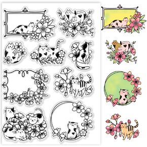 PH PandaHall Cat Clear Stamps Sakura Silicone Stamp Cartoon Cat Transparent Stamp Cherry Blossoms Rubber Stamp Flowers Wreath Seal Stamp for Card Making and DIY Scrapbooking Craft 6.2x4.3 Inch