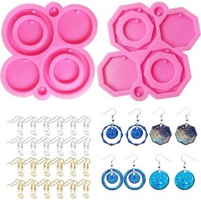 Jewelry Casting Silicone Molds, 2 PCS Earring Resin Molds Resin Ring and Polygon Shape Earring Molds Silicone with Ear Hooks, Jump Rings for DIY Earrings, Pendant Craft Supplies