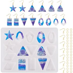 Holographic Earring Resin Mold Kit 1Pcs Holographic Heart Star Drop Triangle Rectangle Square Round Pendant Silicone Mold with 40Pcs Brass Earring Hooks 40Pcs Brass Jump Rings for DIY Earring