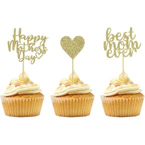 24pcs أغطية الكب كيك العليا ، Glitter Gold Happy Mothers Decorations ، أفضل أمي على أي وقت مضى Cupcake Toinpicks for Mother's Decorations Supplies Supplies