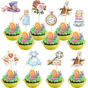 Gyufise 36pcs Wonderland موضوع كب كيك أعلى القبعات الرئيسية أرنب الفراشة أليس فتاة كب كيك تختار جنون الزهرة زهرة الشاي زخارف طفل عيد ميلاد الطفل ديكورات كعكة الحفل