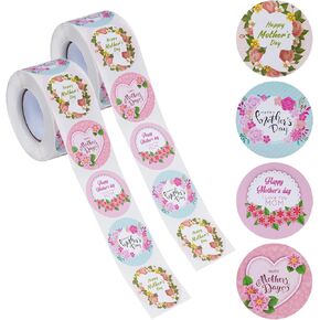Sucrain 1000 pcs ملصقات هدايا عيد أم سعيد ، لفة من الهدايا الحالية ملصقات زهرة الكعكة الكعك ملفات الالتصاق 4 تصميم (كبير ، 1.5 بوصة/3.8 سم)