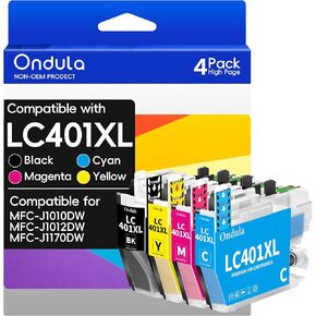 LC401XL Ink Cartridges High Yield Compatible for Brother LC401XL LC401 Ink Cartridges for Brother Printer Work with Brother MFC-J1010DW MFC-J1012DW MFC-J1170DW (4-Pack, Black Cyan Magenta Yellow)