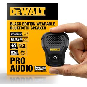 DEWALT Wearable Bluetooth Speaker [Limited Edition - Black] Clip-On Wireless Jobsite Pro Water-Resistant Portable Speaker (Non- Magnetic), Built-in Mic for Hands-Free Music/Calls, Bluetooth Speaker