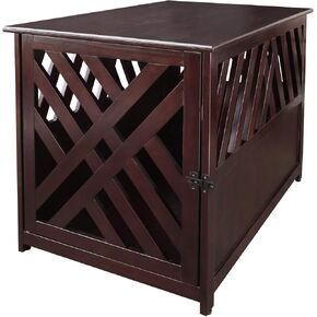 Casual Home Modern Lattice Wooden Pet Crate End Table - Espresso, Lockable, Spacious, Comfortable, Dog
