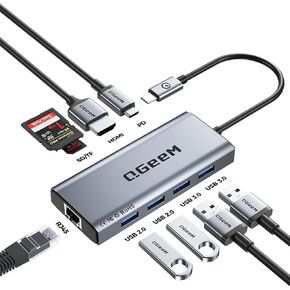 QGeeM USB C Hub Ethernet,9 in 1 USB Type C Hub HDMI Multi-Port Converter Adapter,100W Pd, USB 3.0,SD/TF Card Reader,Compatible for MacBook Pro Air Ipad HP Dell Lenovo Chromebook etc.