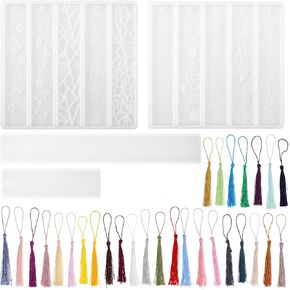 LALAFINA Silicone Bookmark Resin Mold with 30 Pcs Tassels, Rectangle Bookmark Resin Mold Kit for DIY Casting Crafts Making Supplies