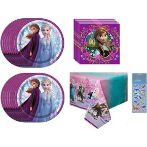 Frozen Princess Elsa Anna Birthday Party Supplies Pack Pack for 16 تشمل لوحات ورق كيك الحلوى والمناديل وغطاء المائدة