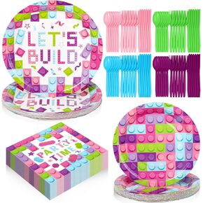 Gejoy 96 PCS Build Build Birthday Party Supplies ، وتشمل لوحات الحفلات من الطوب البالغة 7 بوصات 9 بوصة ومناديل ملاعق بلاستيكية يمكن التخلص منها.
