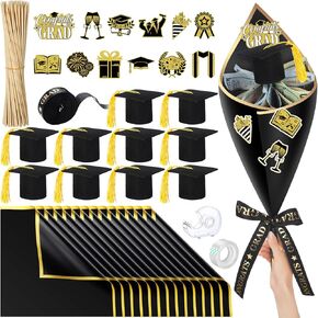254 Pcs 2025 Graduation Money Bouquet Gift Kits with Flower Wrapping Papers Skewers Stickers Graduation Caps for Her Him Women Girl Boy College High School Class of 2025 DIY Money Gift Ideas
