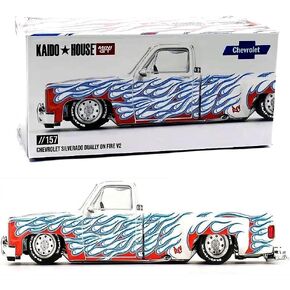 Diecast Model Car متوافق مع Kaido House X Mini GT 1:64 Chevy Silverado dialy on Fire V2 مع Flames Limited Edition Die-Cast KHMG157