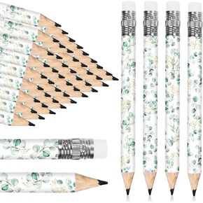 50Pcs Bridal Shower Half Pencils with Erasers Pre Sharpened Eucalyptus Leaf Wedding Short Pencils for Baby Shower Stationery Supplies, 4 Inch