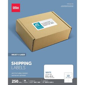Office Depot White Inkjet/Laser Shipping Labels, 2in. x 4in., Pack Of 250, 505-O004-0007