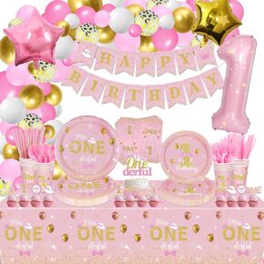 ملكة جمال Onederful 232 PCS زخارف عيد ميلاد الذهب الوردي - لوحات ، مناديل ، أكواب ، بالونات ، لافتة ، كعكة توبر وملفات المائدة للاستحمام الطفل الأول من زخارف الفتيات عيد ميلاد ، 20