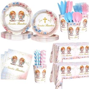 194 PCS BOHO NUESTRO BAUTIZO BAPTISM Party Decorations توأم توأم أولا بالتواصل المقدس لأدوات المائدة الباركية التي يمكن التخلص منها مع اللوحات المناديل ومائدة المائدة.