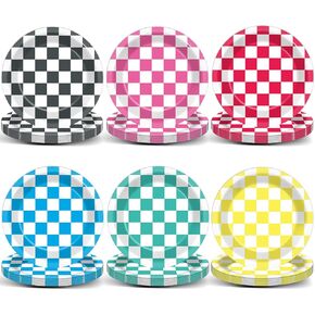 48Pcs Colorful Checkered Plates Race Car Theme Party Supplies Gingham Paper Plates for Bachelorette Bridal Shower Birthday Party Decorations Carnival Fiesta Decor Colorful Plaid Tableware
