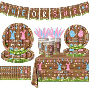 Easter Gender Reveal Decorations, 142 Pcs What Will Our Little Bunny Be Bunny Baby Shower Decorations Boy Or Girl Gender Reveal Plates Tablecloth Banner for Easter Baby Shower Party Decorations