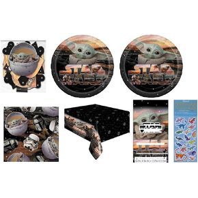 Star Wars The Child Birthday Party Supplies Bundle تشمل 16 لوحة ، 16 مناديل ، غطاء طاولة واحد ، راية عيد ميلاد سعيد ، ورقة ملصق ديناصور واحدة (حزمة لـ 16)