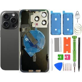 15 Pro Max Back Glass Replacement with Wireless Charging Flex Cable, Camera Frame All Parts for iPhone 15 Pro Max (6.7 Inch) Back Glass Replacement with Kit and Waterproof Tape (Blue Titanium)